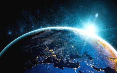 View of Earth from space highlighting Europe, symbolizing global sustainability, innovation, and the interconnected future of international markets and industries