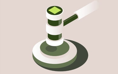 Illustration of a green and white judge’s gavel casting a shadow.